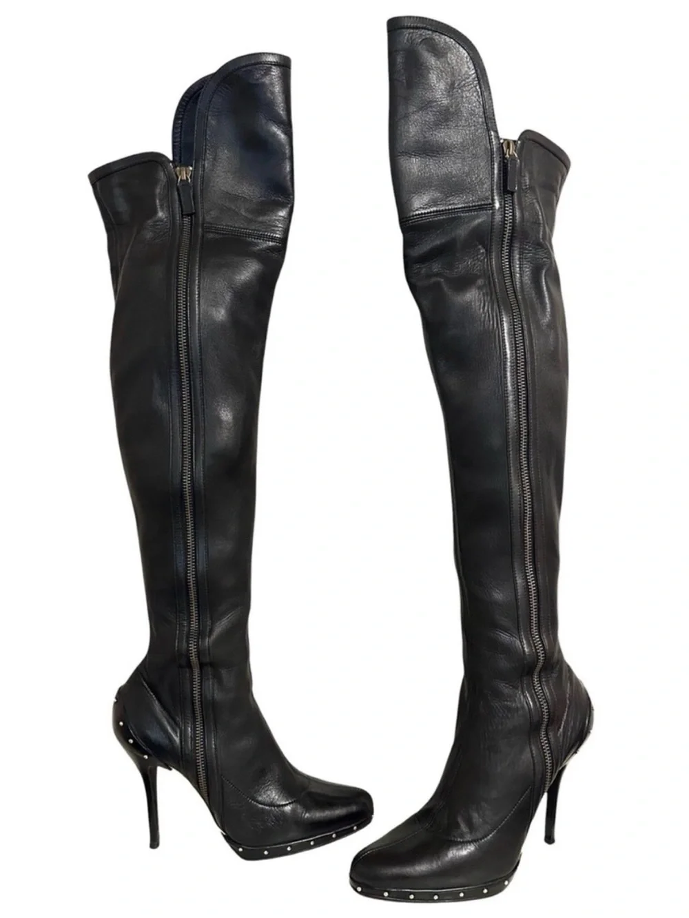 GUCCI TOM FORD FW 2003 Black Nappa Leather Studded OTK Thigh High Boots 37.5
